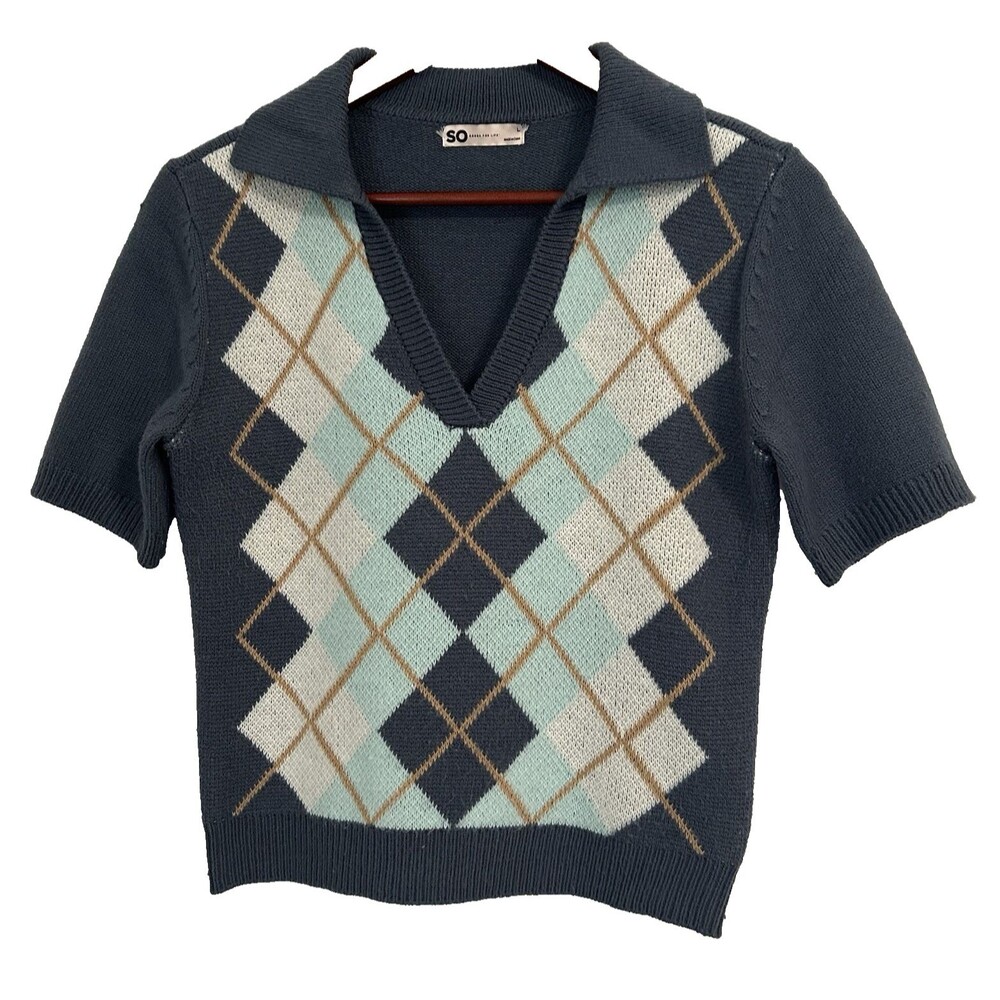 SO Sweater Top Women L Blue Argyle Polo Crop Preppy Y2K Cottage Academia Plaid